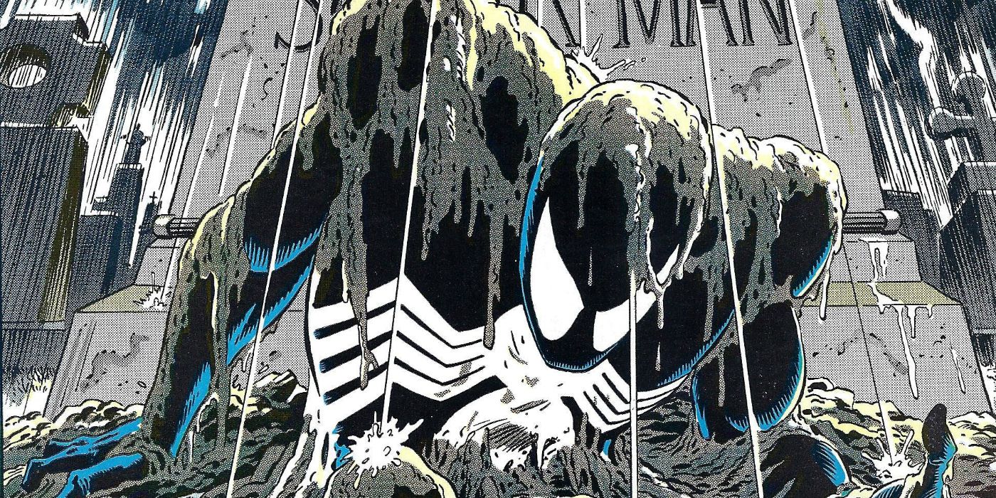 Spider-Man crawling out of his grave in the symbiote suit.