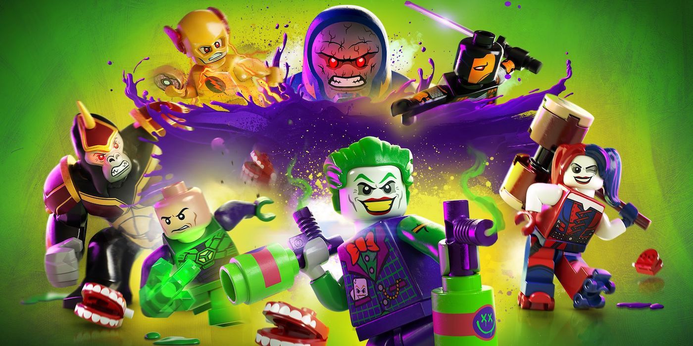 The LEGO DC Super Villains splash screen, with the Joker, Harley Quinn, Professor Zoom, Lex Luthor, and more.