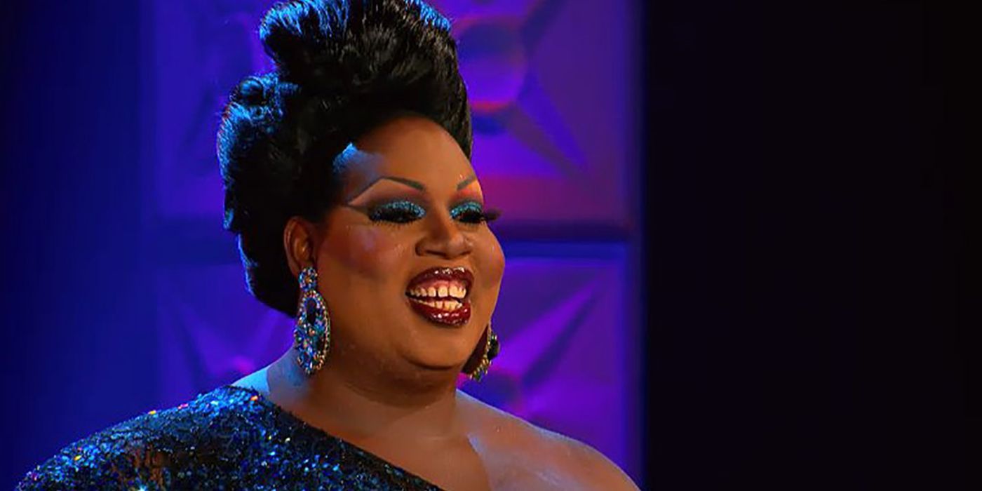 Latrice Royale with her hair up, face close-up, smiling on the stage of RuPaul's Drag Race