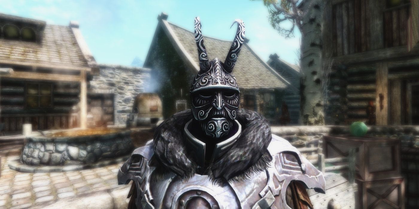 A character wearing The Masque of Clavicus Vile in Skyrim