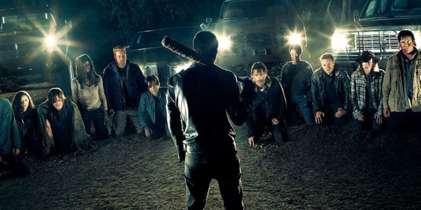 Negan preparing to kill Glenn and Abraham in The Walking Dead.