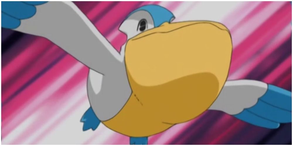 A Pelipper Pokemon in flight in the Pokemon anime.