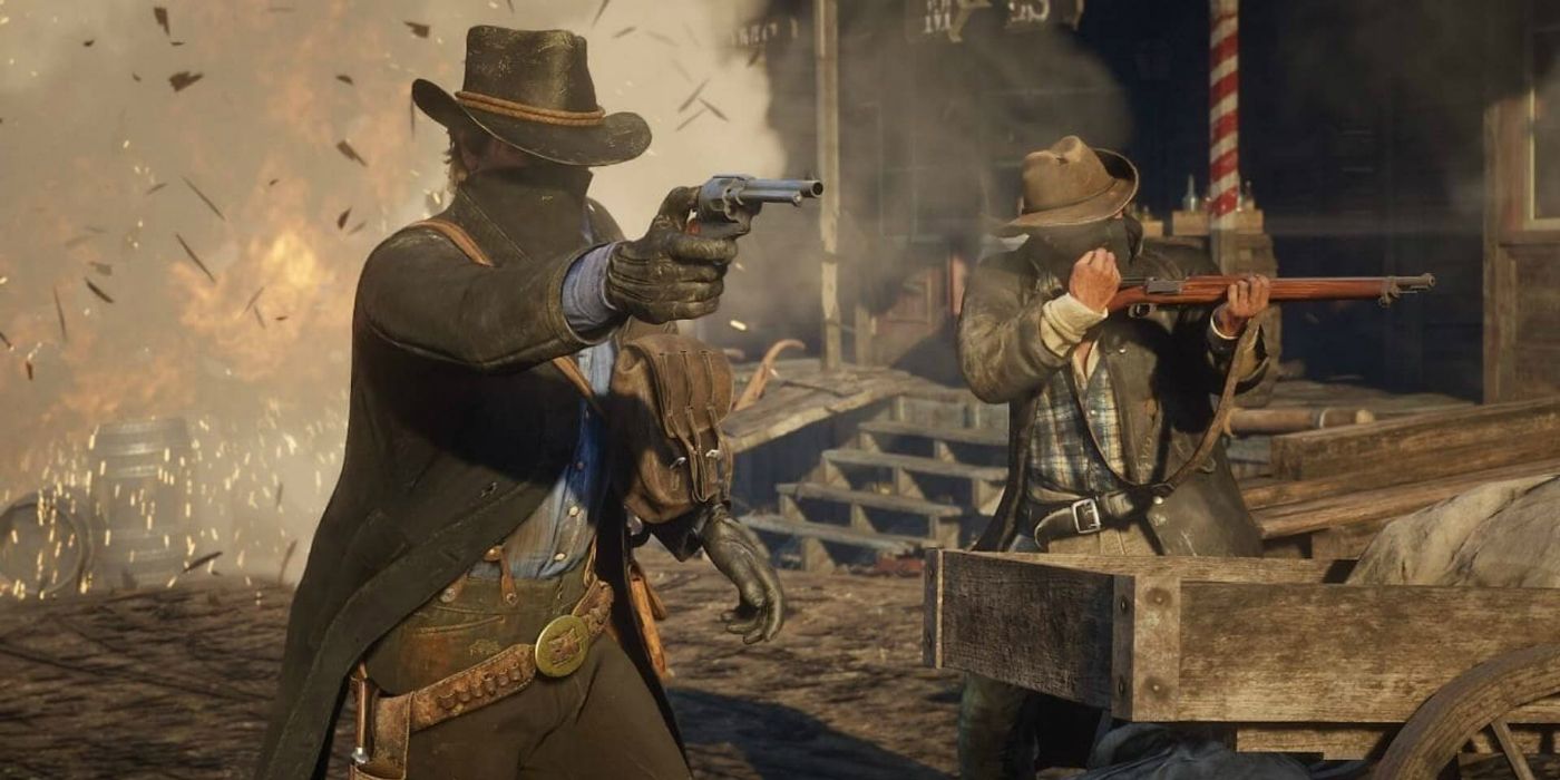 Two bandits shooting guns agains the enemy and being atacked Red Dead Redemption 2 Online