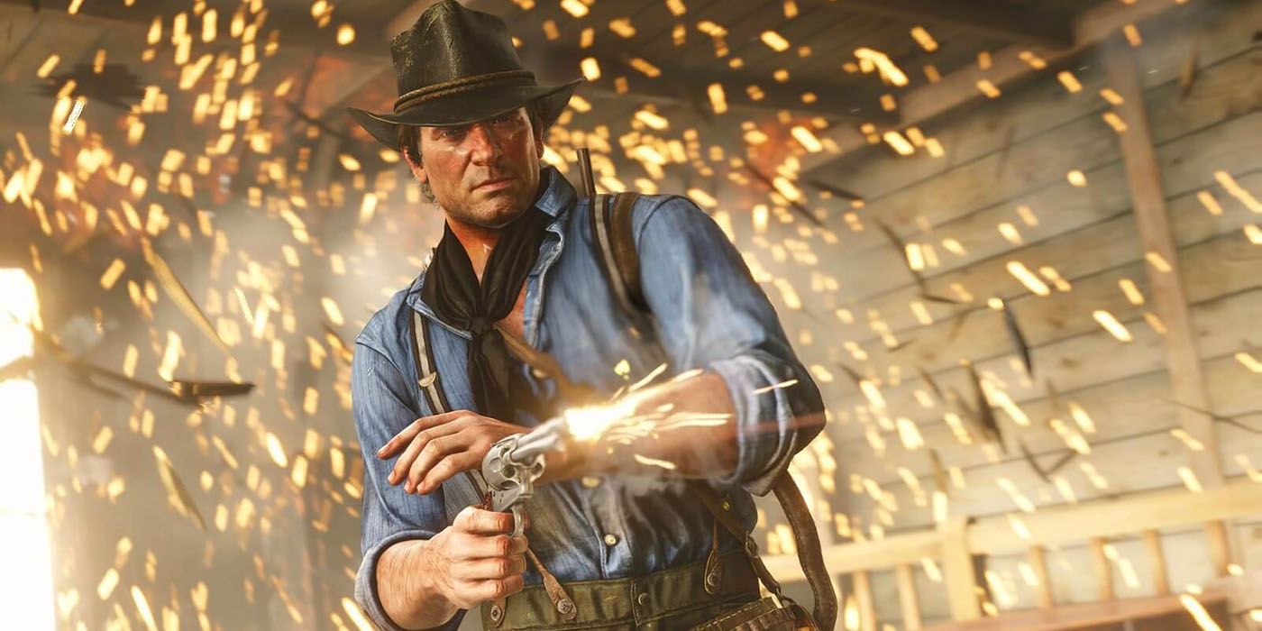 Arthur Morgan standing under a shower of sparks and firing a revolver from the hip at an offscreen enemy in the game Red Dead Redemption 2
