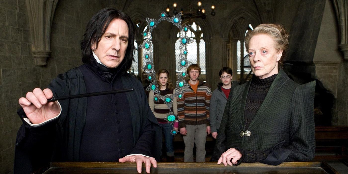 Snape and Minerva with Harry, Ron, and Hermione looing at the cursed necklace in Harry Potter. 