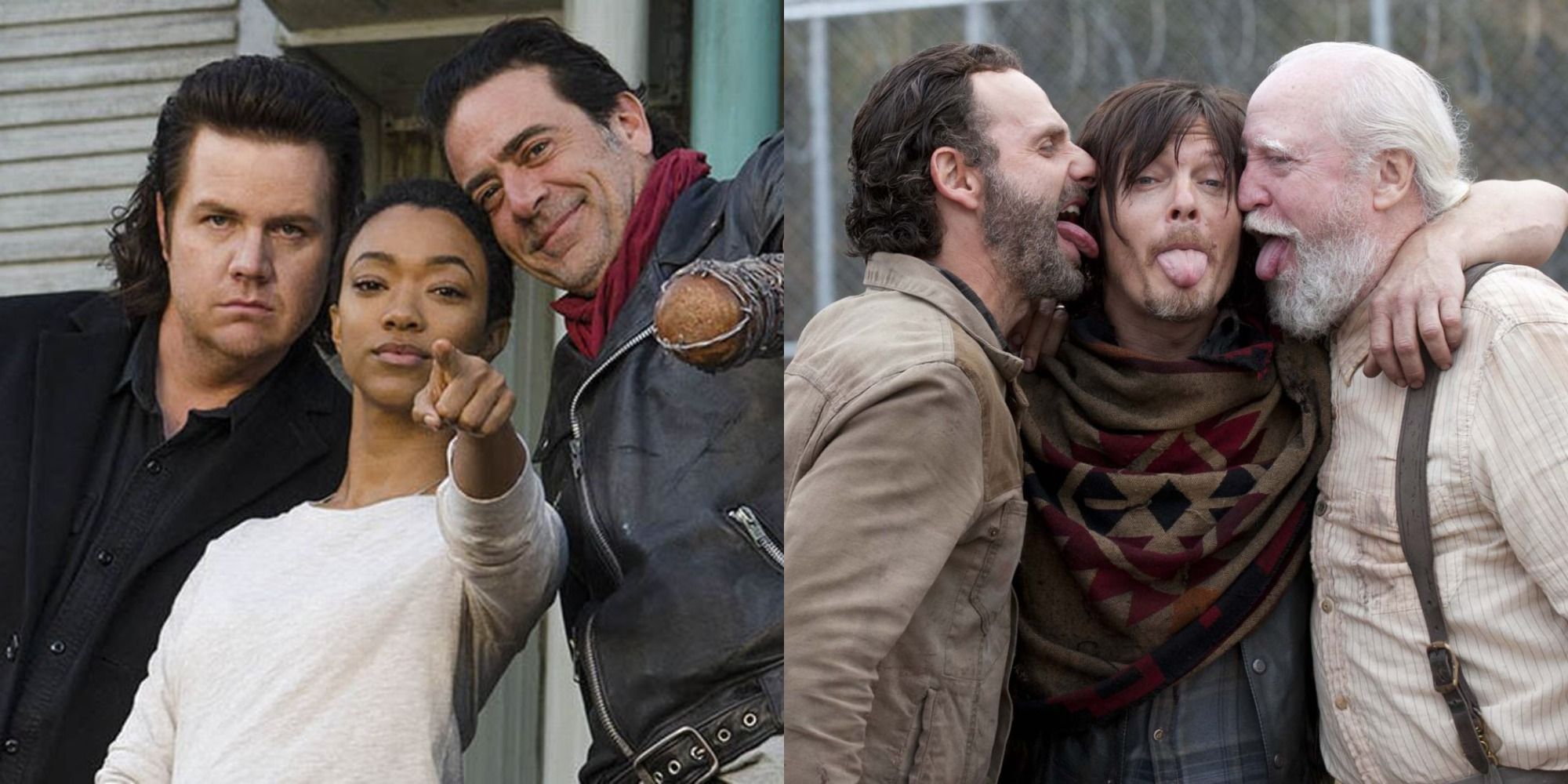 Split image of actors on The Walking Dead behind the scenes