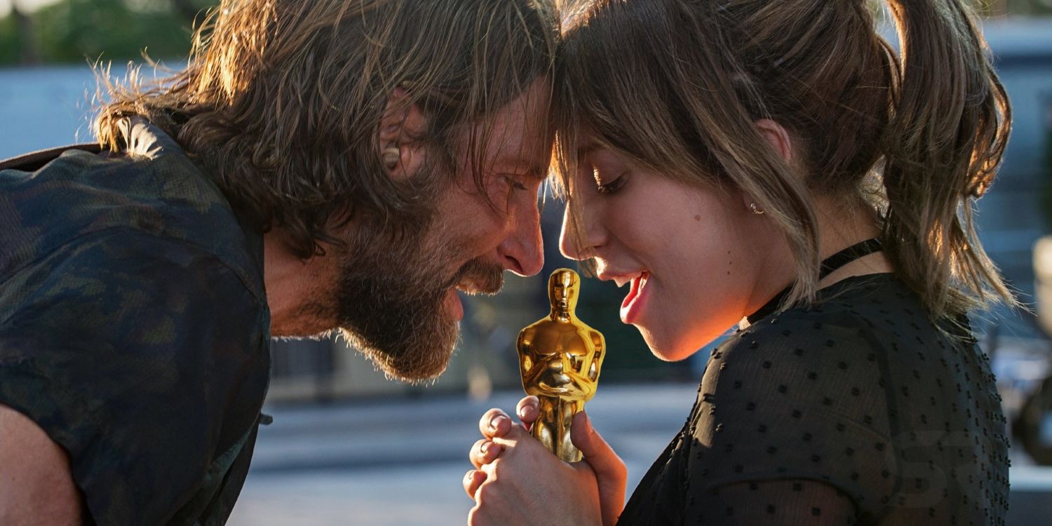 Bradley Cooper and Lady Gaga in A Star Is Born with an Oscar