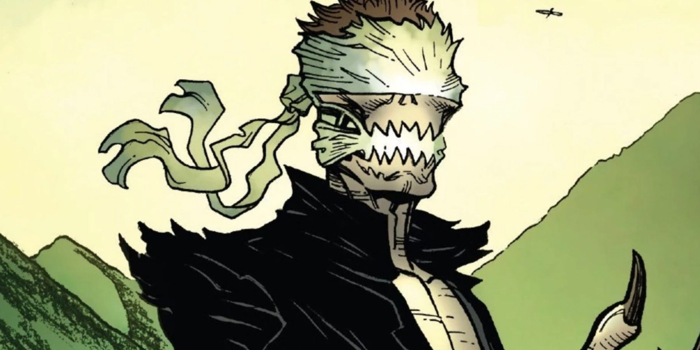 Styx is blindfolded against a green background in Marvel comics