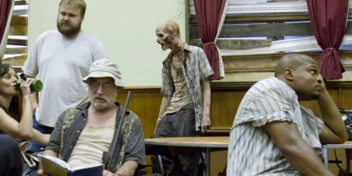 The Walking Dead cast relaxing on set.