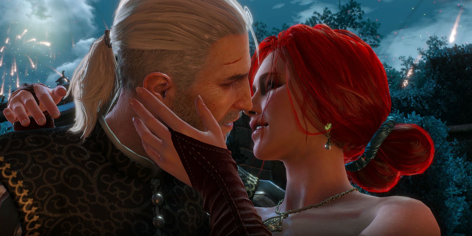 Triss and Geralt kiss in the maze in The Witcher