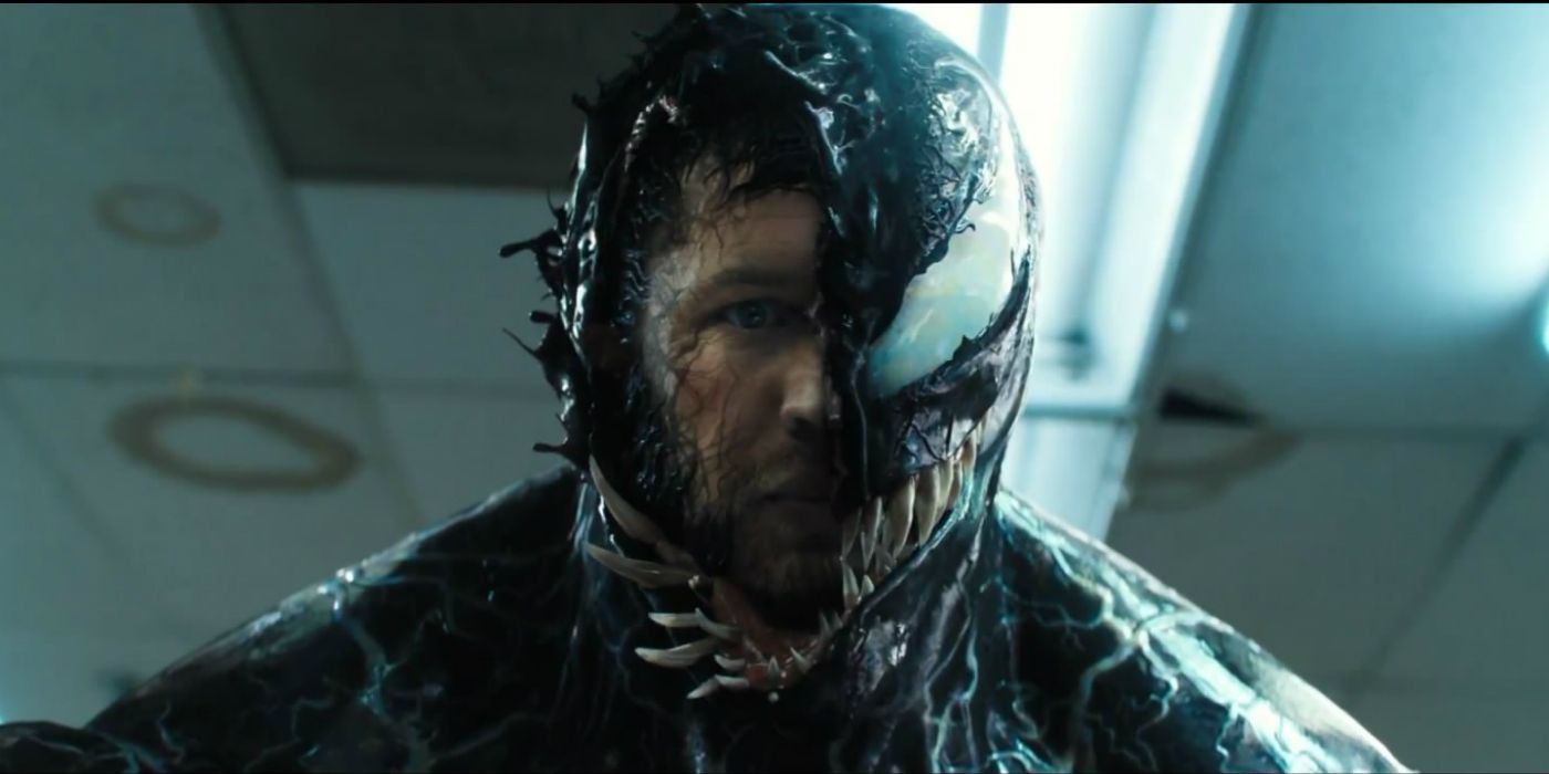 Venom with Eddie's Brock face exposed in Venom (2018)