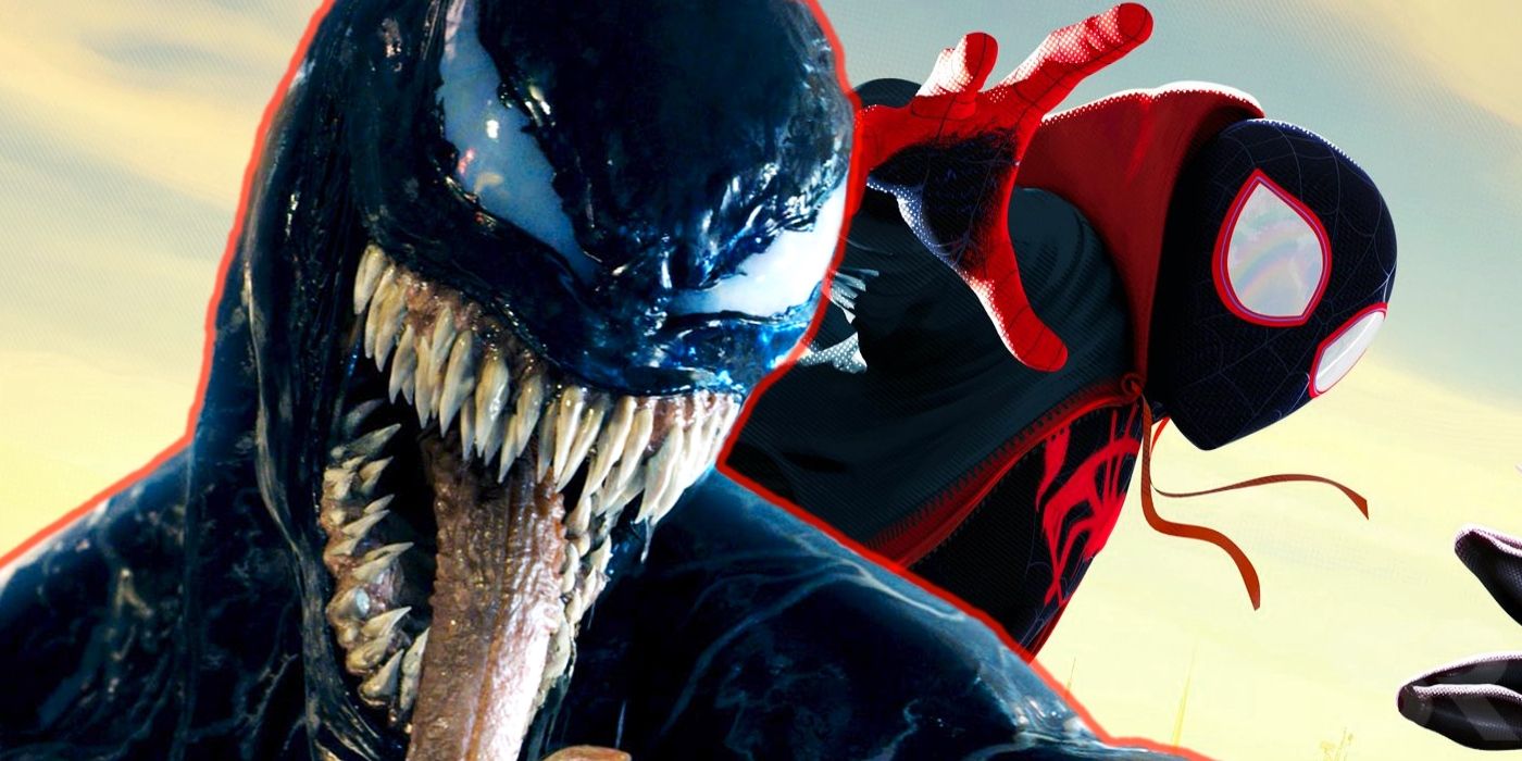 Live-action Venom and animated Miles Morales split image