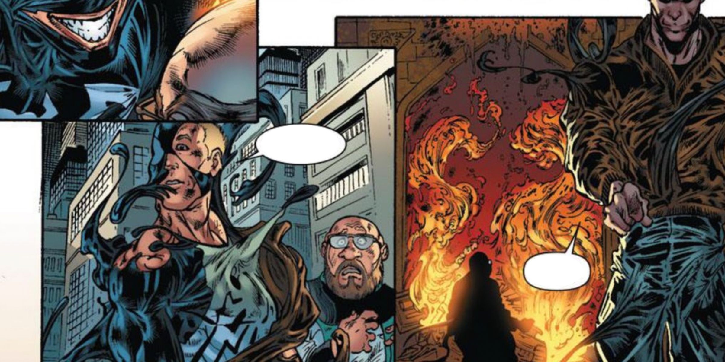 In a selection from a Marvel comic book panel, Venom changes his host's clothing and face to blend in