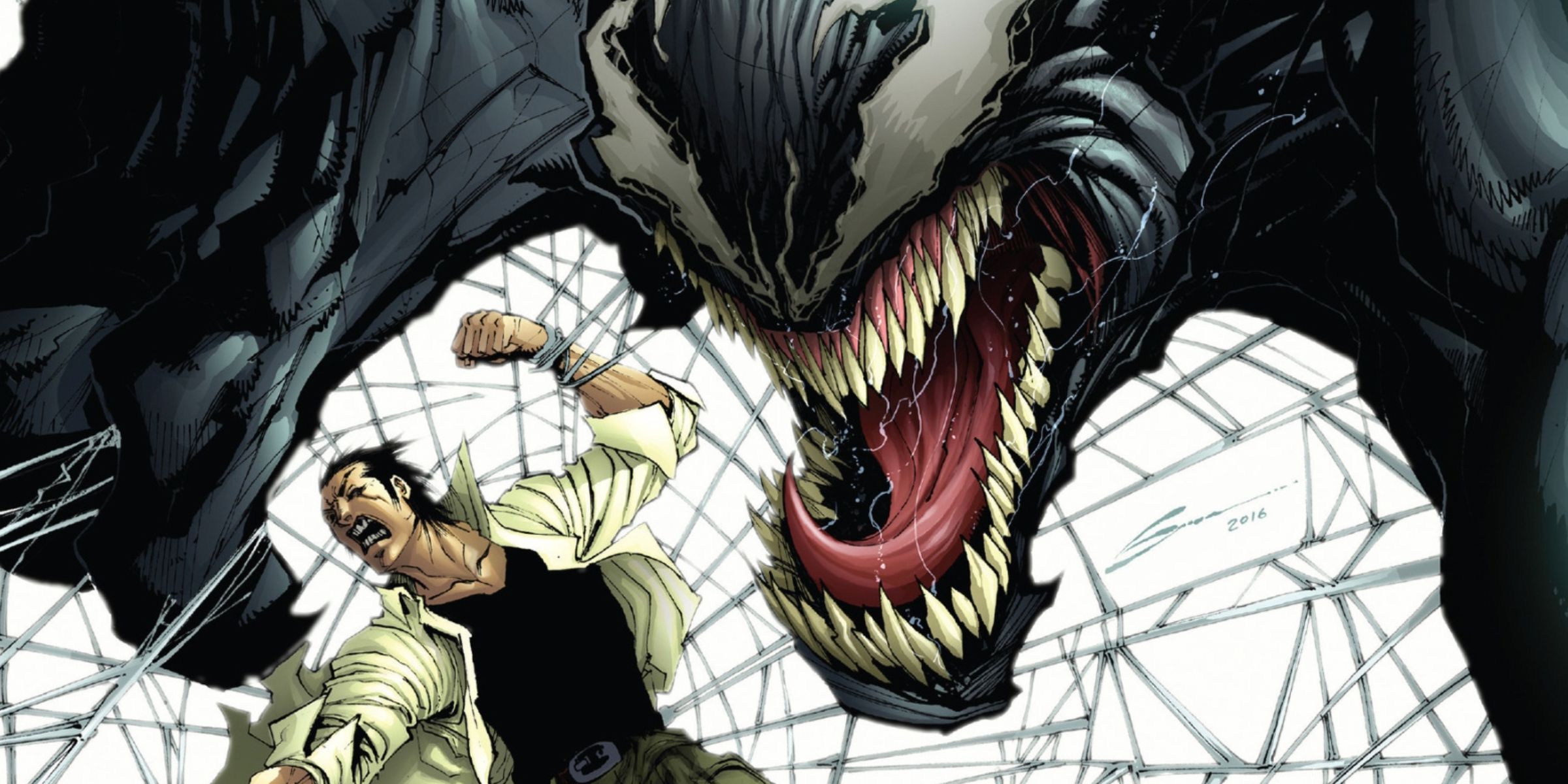 Venom goes after an adversary with his mouth wide open on a Venom comic book cover