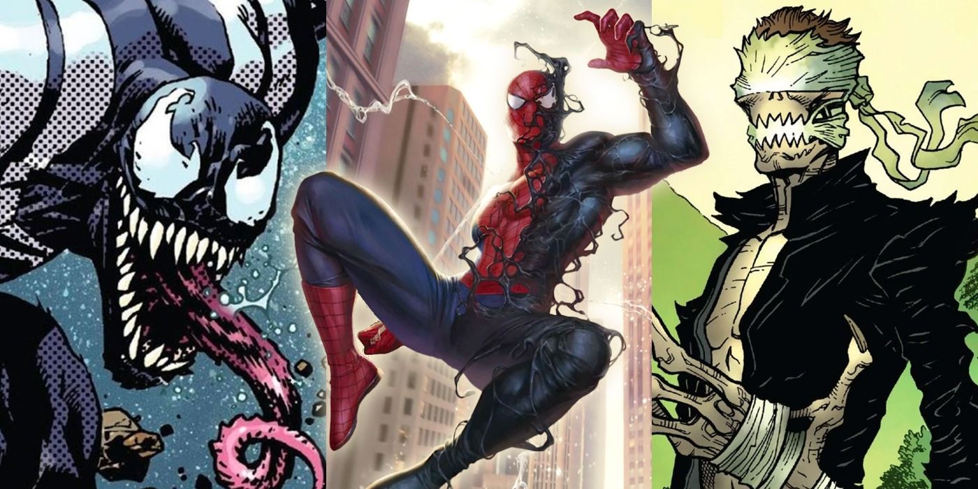 A blended image features comic book Venom, Venom bonded with Spider-Man, and the character Styx in Marvel comics