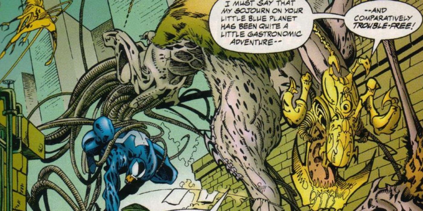 Venom chases a xenophage as it taunts him in a comic book panel