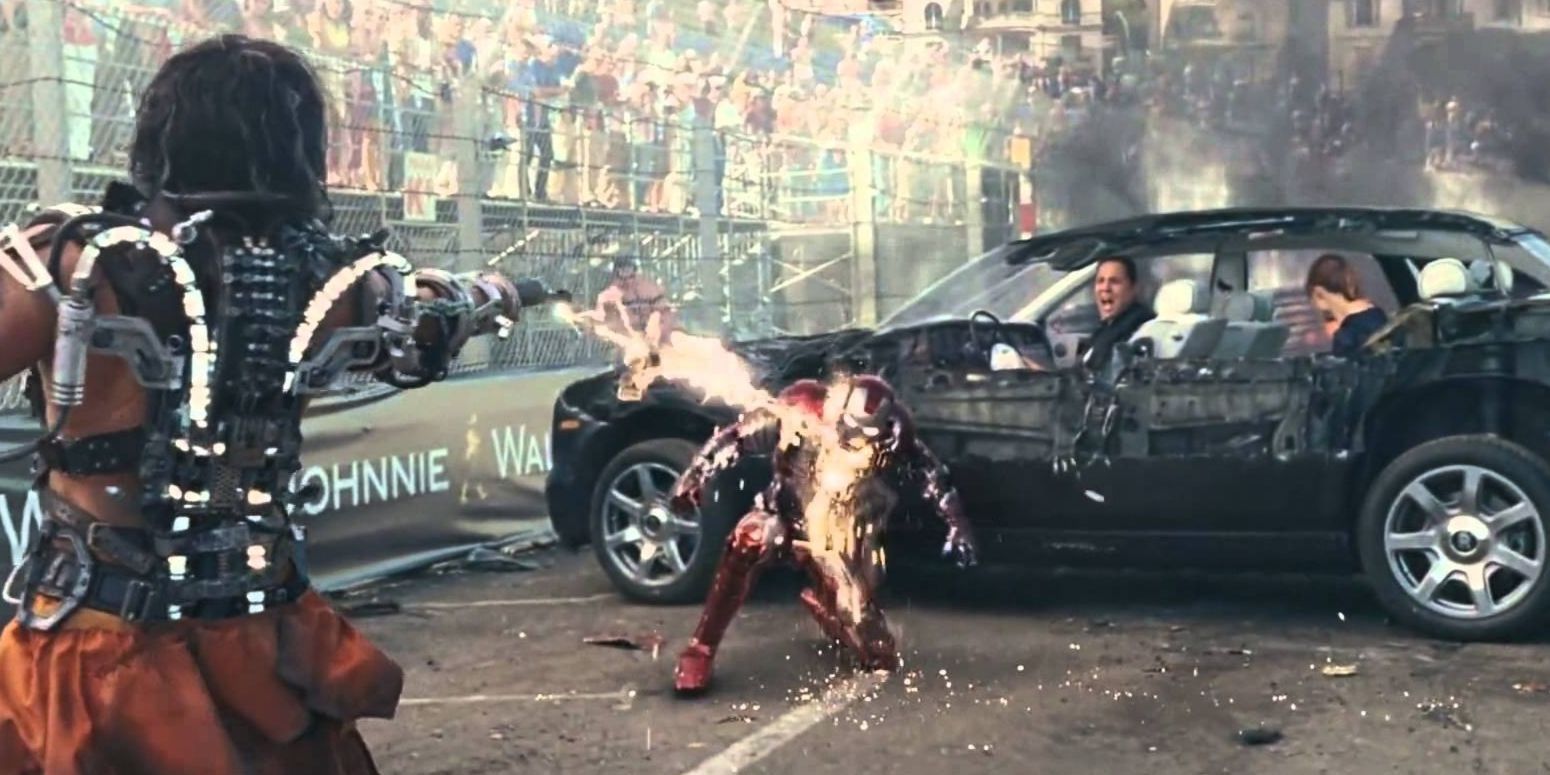 Whiplash attacks Tony on the race track in Iron Man 2