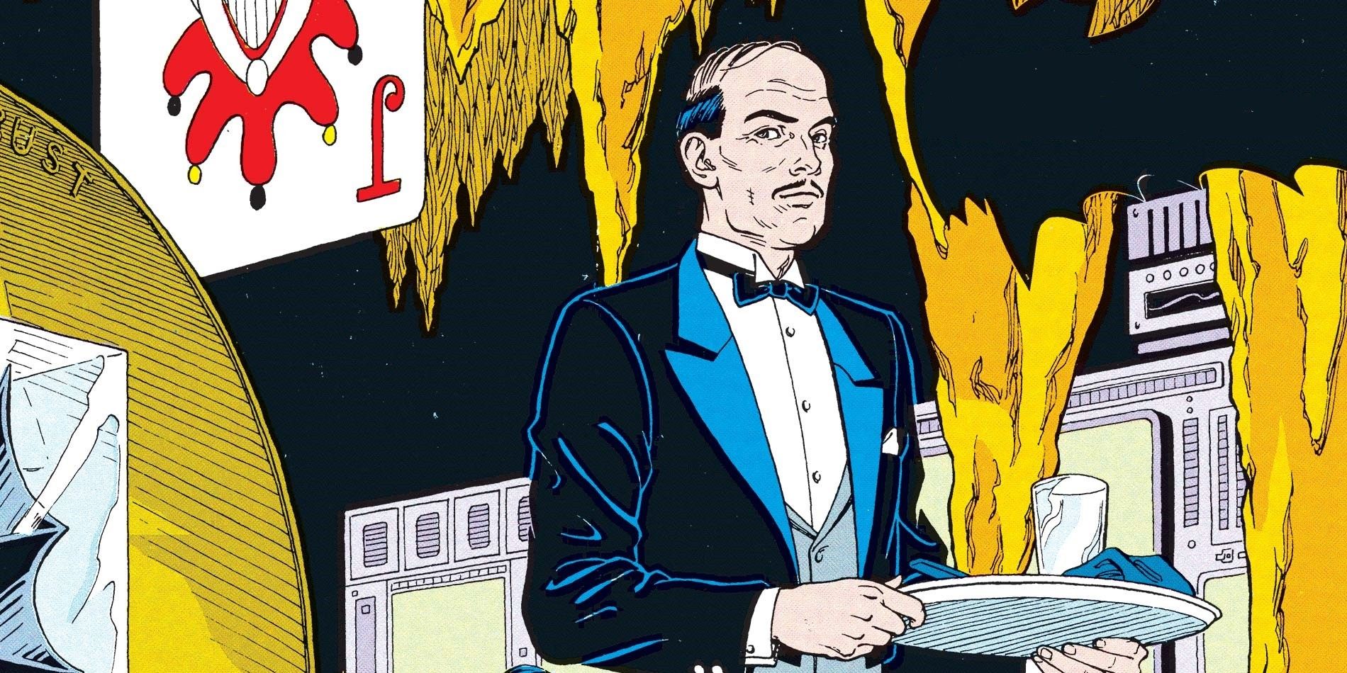 Alfred Pennyworth holds a tray while in the Batcave in Batman comics