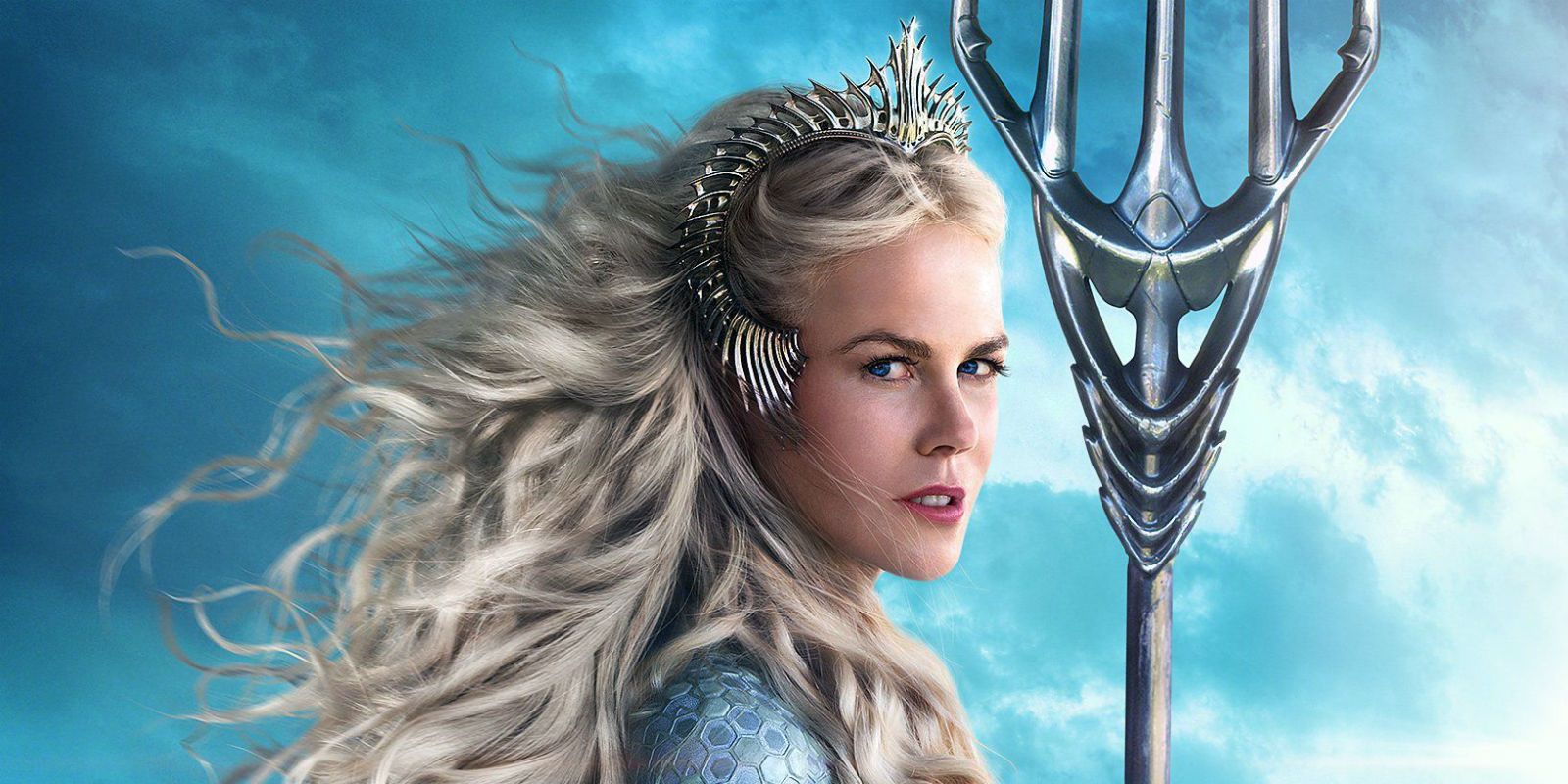 Nicole Kidman as Atlanna, holding a trident in a poster for Aquaman
