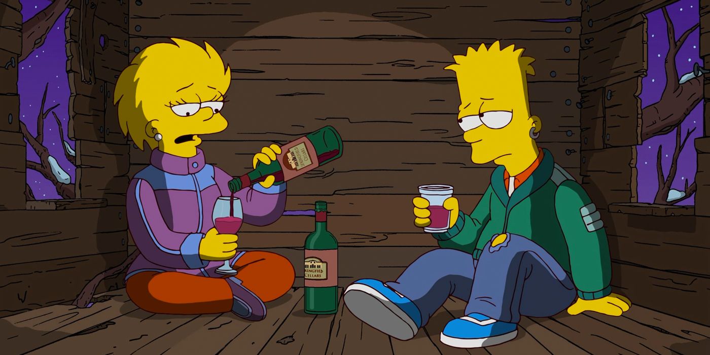 Bart mais velho e Lisa bebem vinho na casa da árvore em The Simpsons Holidays of Future Passed