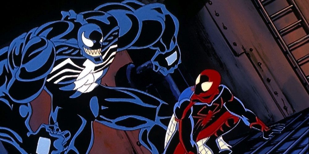 Uma imagem de Venom parado atrás do Homem-Aranha