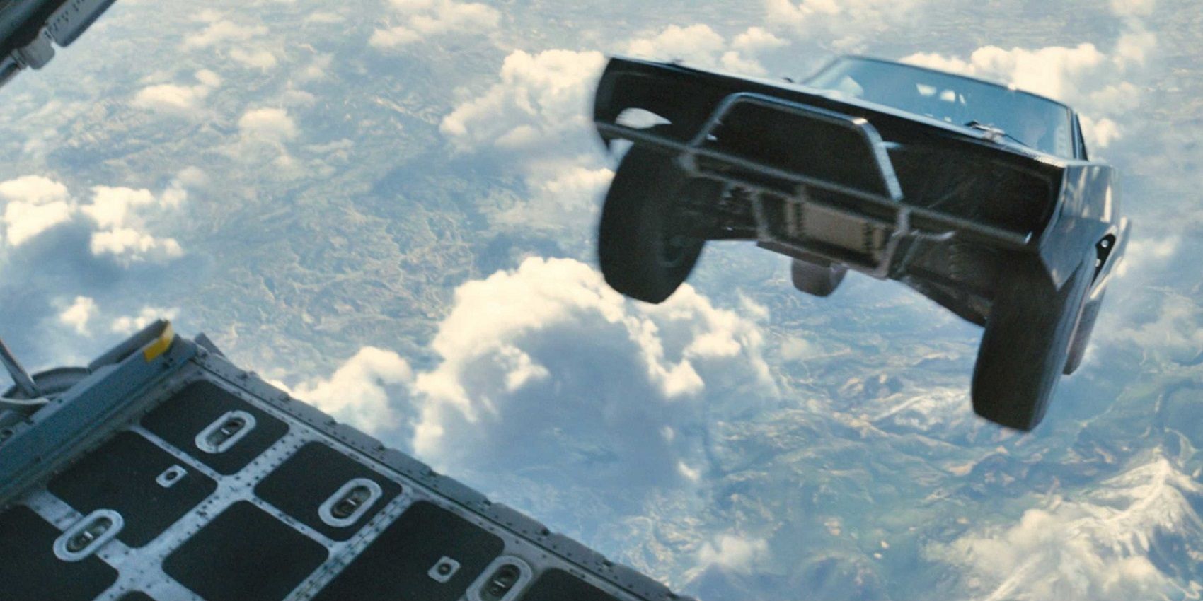 A car dropping out of a plane in Furious 7