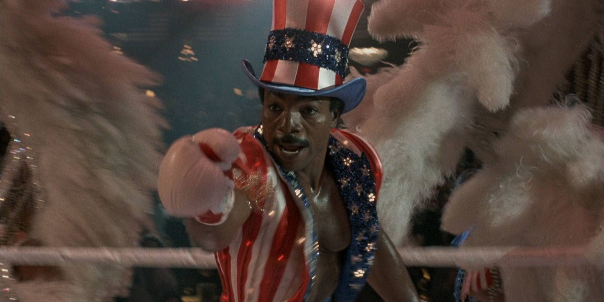 Carl Weathers as Apollo Creed showboating in the ring