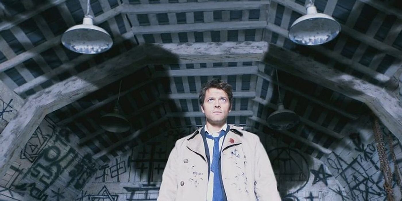 Castiel with his wings showing in Supernatural.