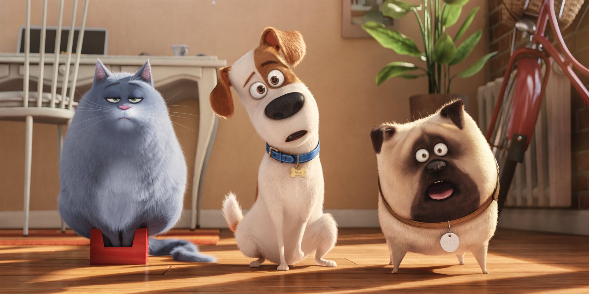 Chloe, Max y Mel miran incómodos en una escena de La vida secreta de tus mascotas