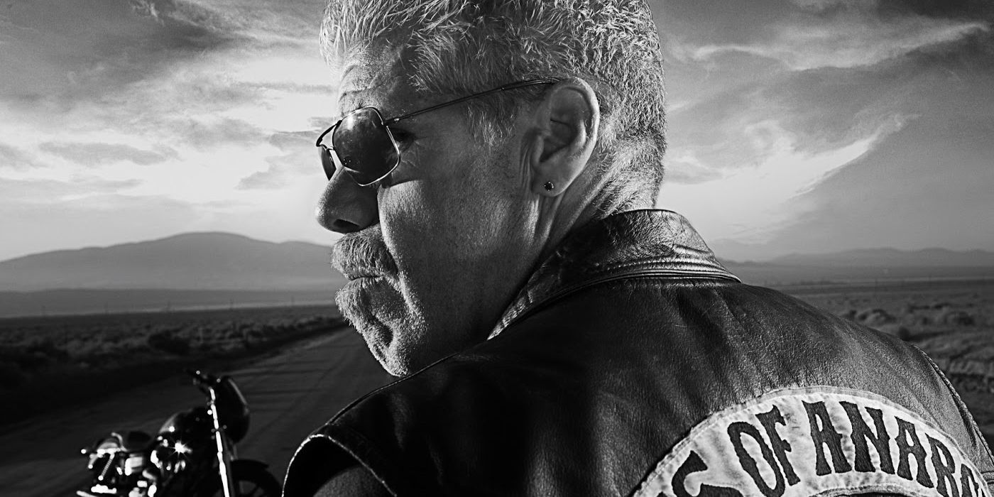 A black and white image of Clay in Sons of Anarchy