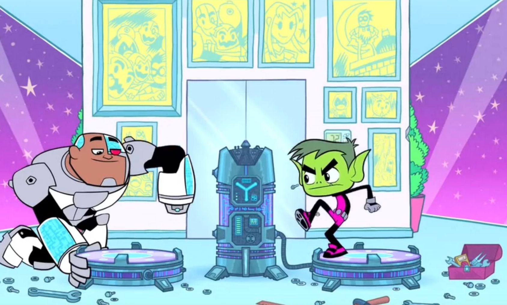 Cyborg And Beast Boy With A Time Trave Machine In Teen Titans Go