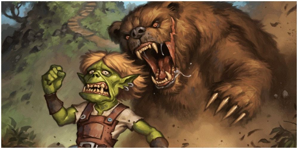 A goblin running from a hungry scarred bear.