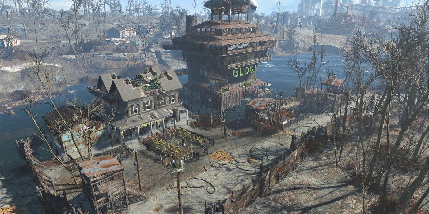 Um assentamento Fallout 4 perto de um pequeno lago.