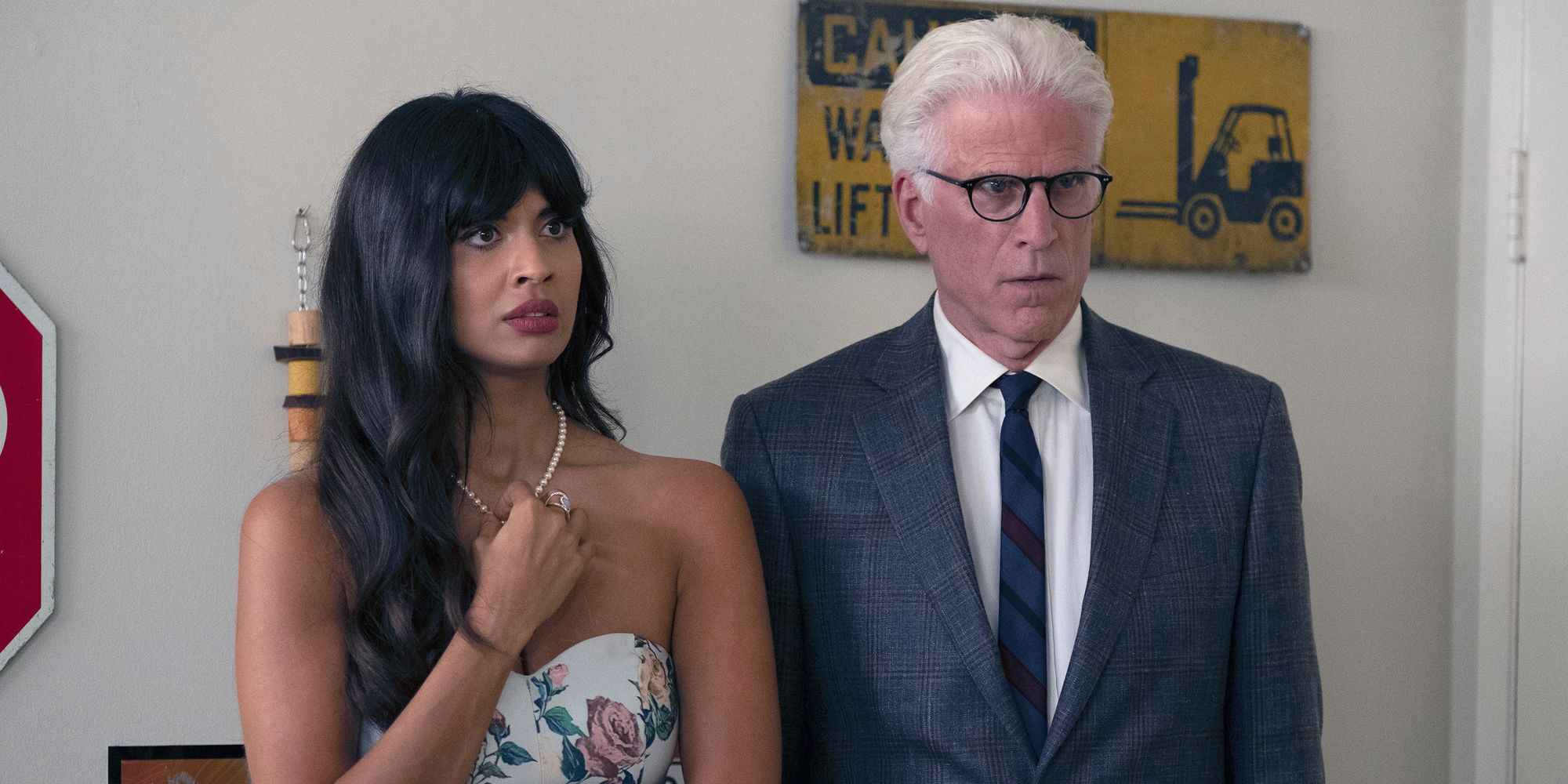 Jameela Jamil and Ted Danson in The Good Place
