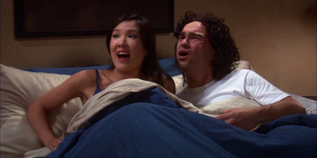 Leonard and Joyce Kim in bed shocked The Big Bang Theory