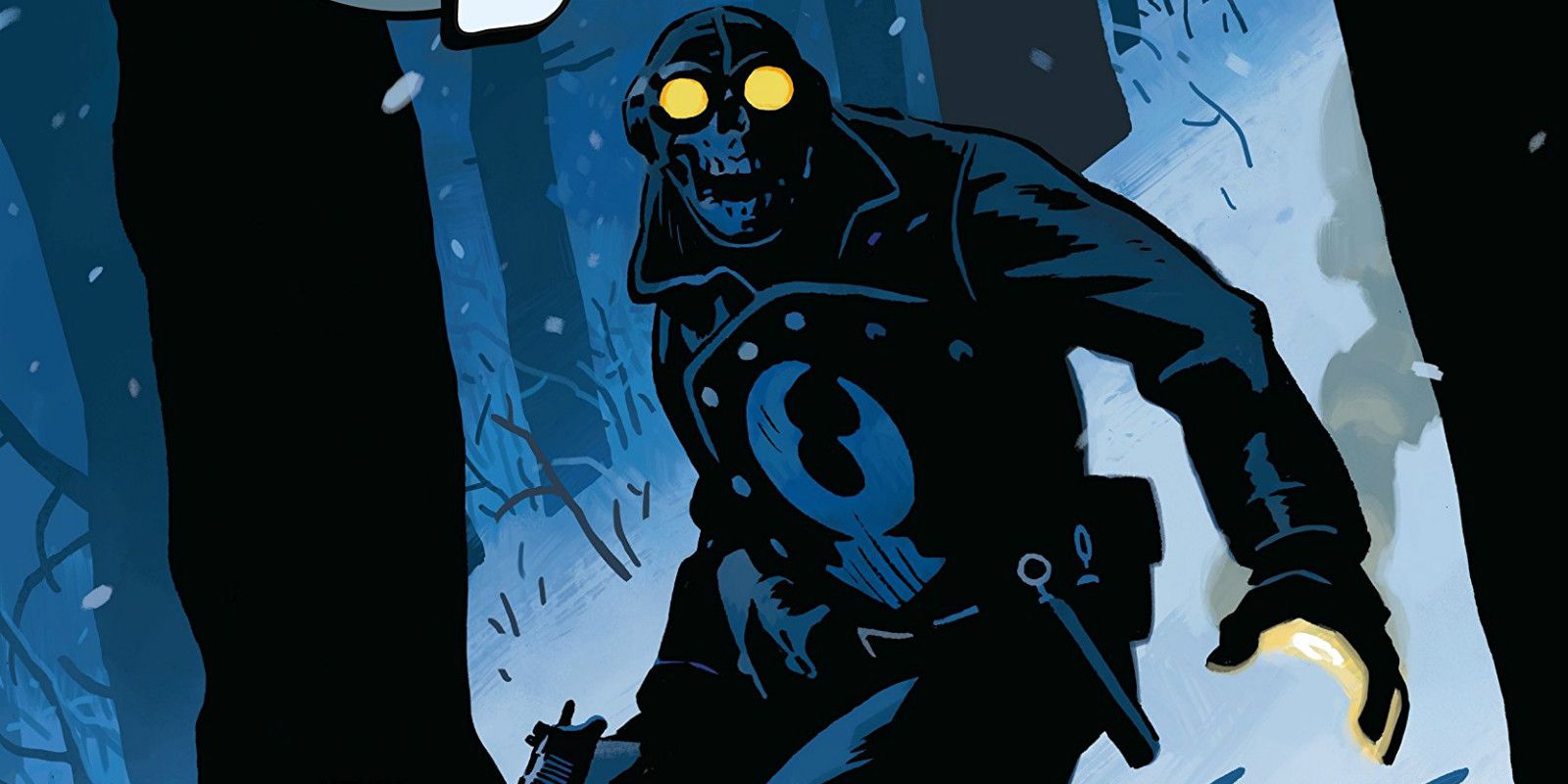 Lobster Johnson in forest at night in a Hellboy comic