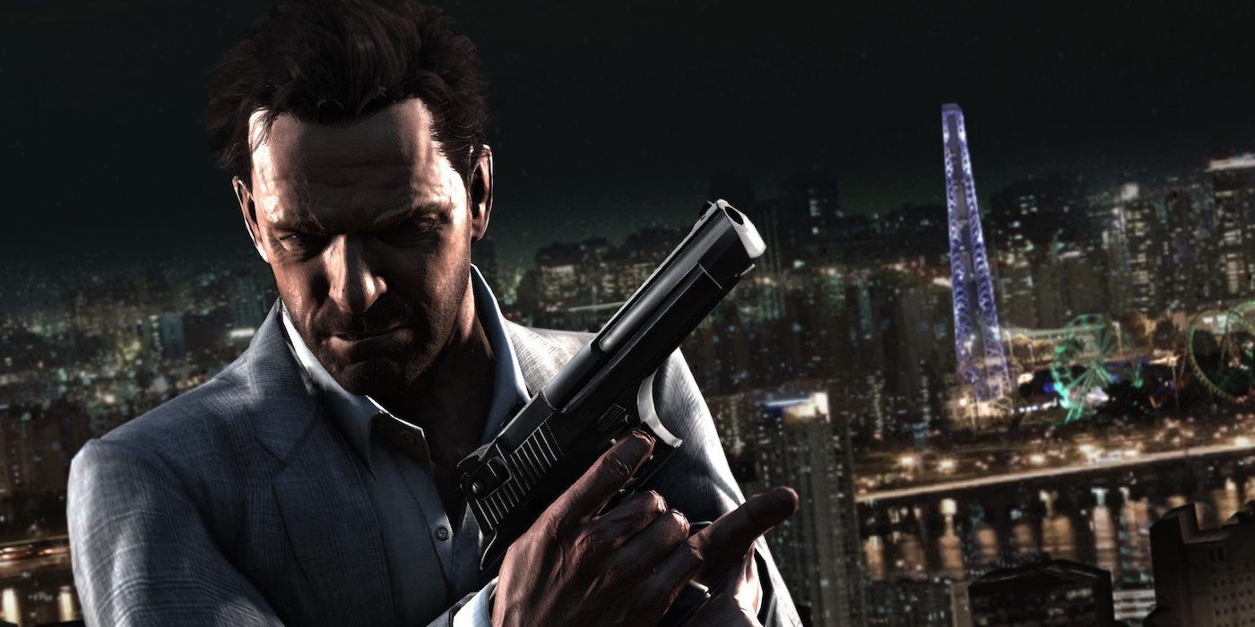 Max Payne holds a pistol in front of a skyline from Max Payne 3