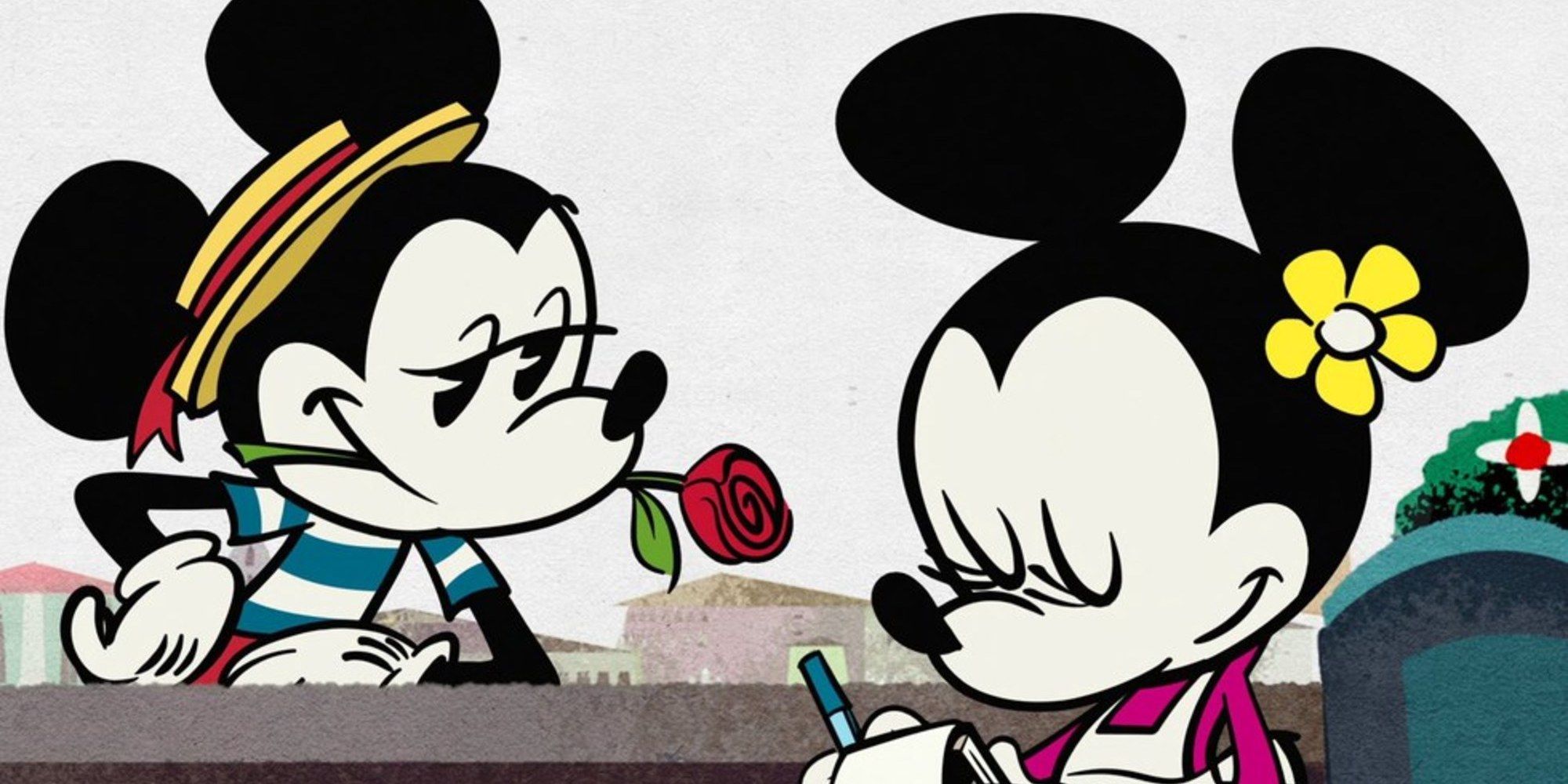 Mickey Mouse holding a rose in his mouth and talking to Minnie Mouse