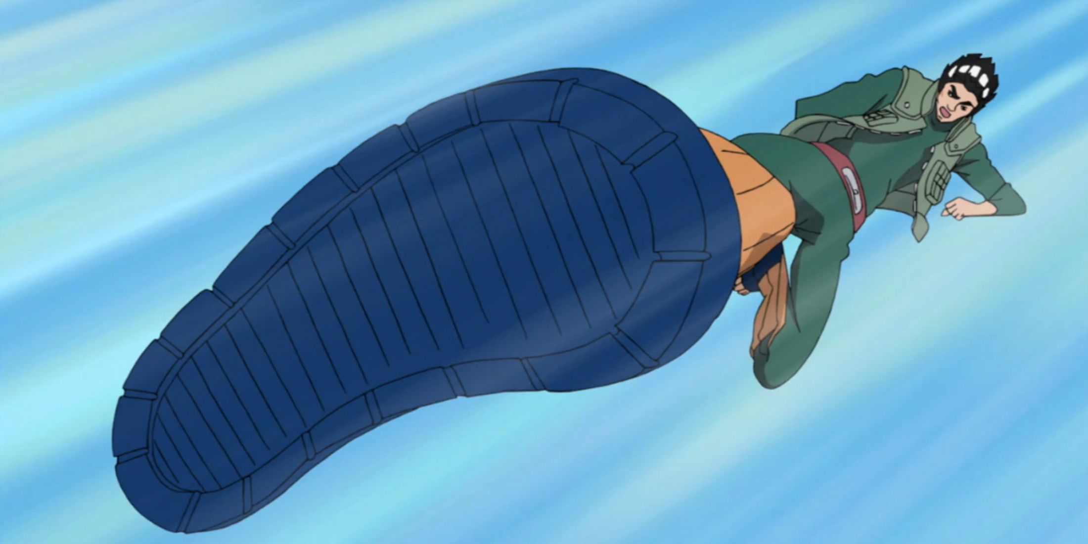 Might Guy extends one foot to make a dynamic entry in Naruto