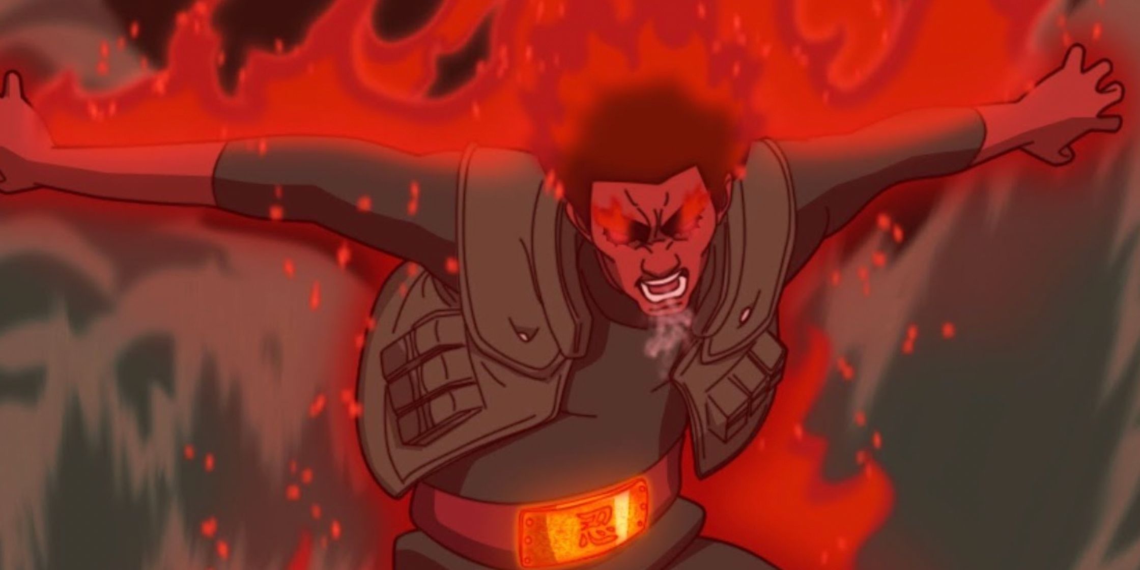 Might Guy opens the Eighth Gate surrounded by energy in Naruto Shippuden