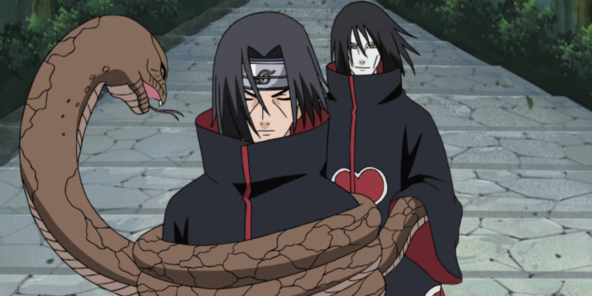 Itachi is surrounded by Orochimaru's snake while both wear Akatsuki robes in Naruto Shippuden