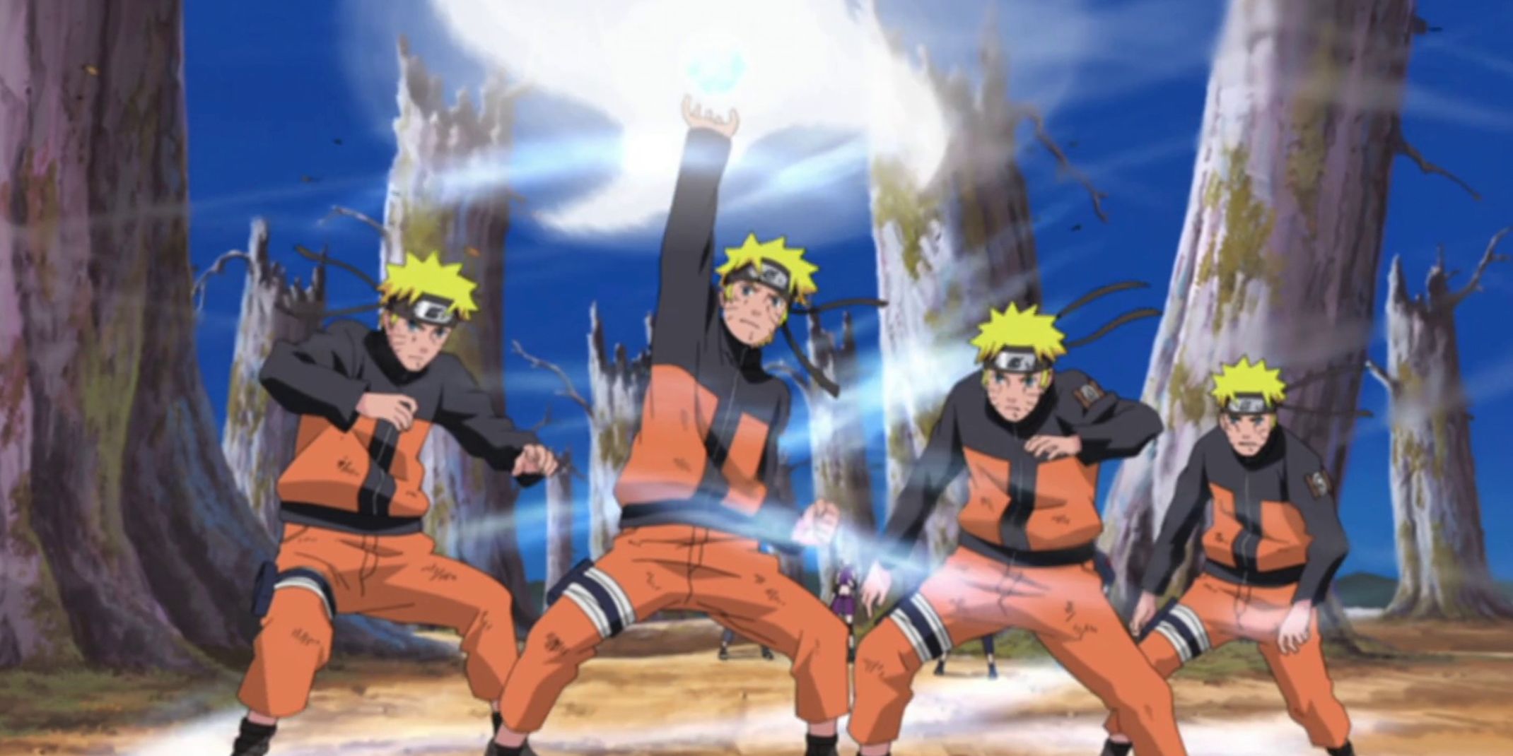 Naruto and his shadow clones create a rasenshuriken in Naruto Shippuden