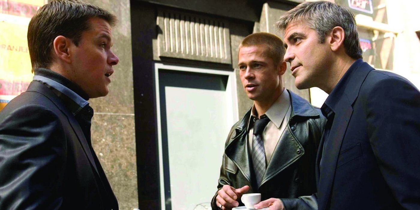 Matt Damon as Linus talking to Brad Pitt as Rust and George Clooney as Danny in Ocean's Twelve