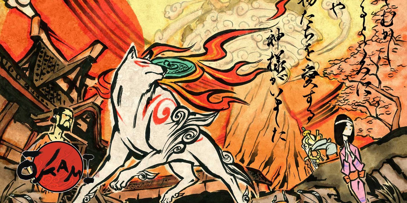 Amaterasu from Okami HD in a painted backdrop