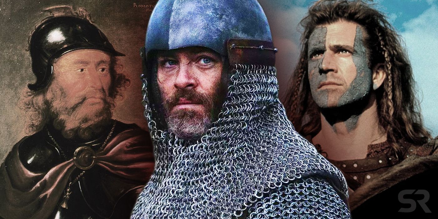 Una imagen combinada muestra una pintura de Robert the Bruce, Chris Pine como Robert the Bruce un Outlaw King y Mel Gibson como William Wallace en Braveheart.