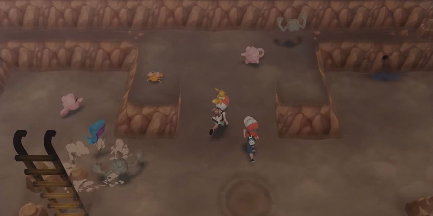 Quebra-cabeças de cavernas Pokémon Let's Go. Uma caverna marrom escura deixada por Pokémon.