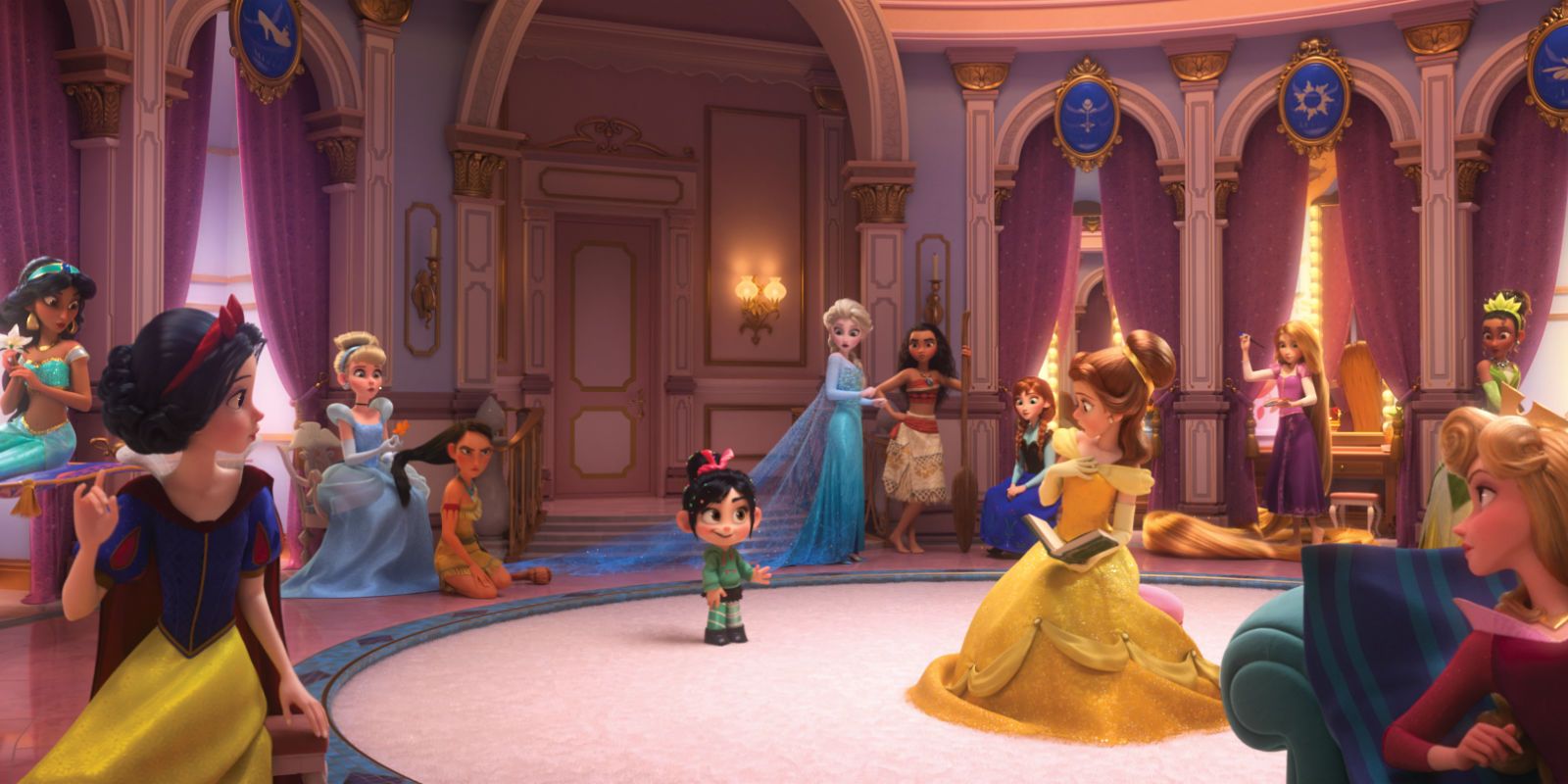 Ralph Breaks the Internet's Disney Princesses Vanellope in a room with other Princesses
