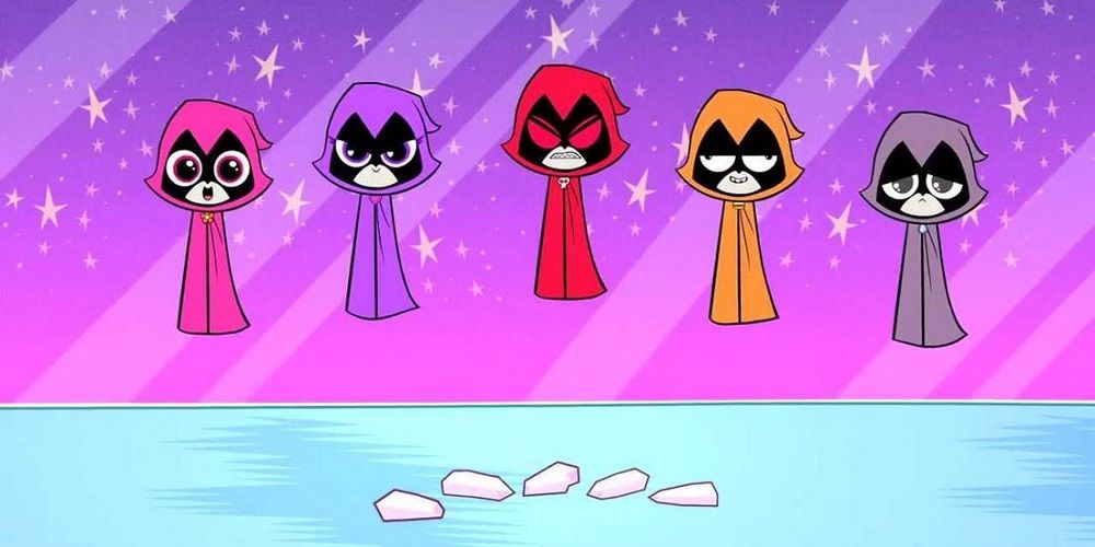 Five Ravens with different colored cloaks in Teen Titans Go