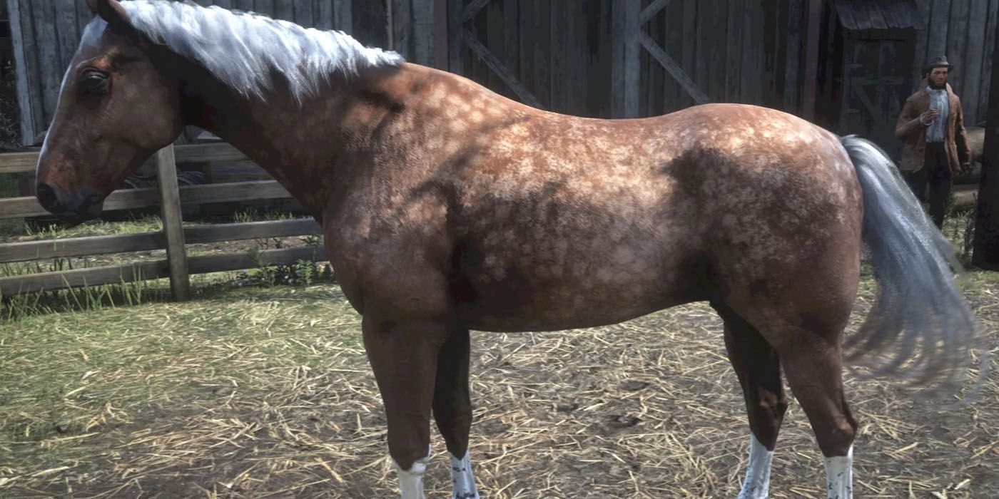 Red Dead Redemption 2's American Standardbred Horse standing in a stable.