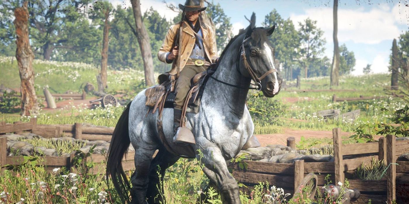 A female player in Red Dead Redemption 2 riding the Ardennes Horse.
